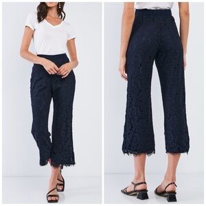 Sugarlips Lace Cropped Pull On Elastic Waist Midi Rise Navy Blue Trousers Pants